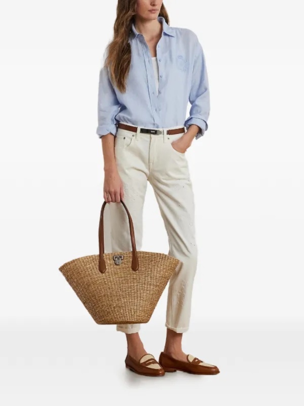 Lauren Ralph Lauren Oversize Striped Floral-Logo Linen Shirt Light Blue XXL - Picture 3 of 10